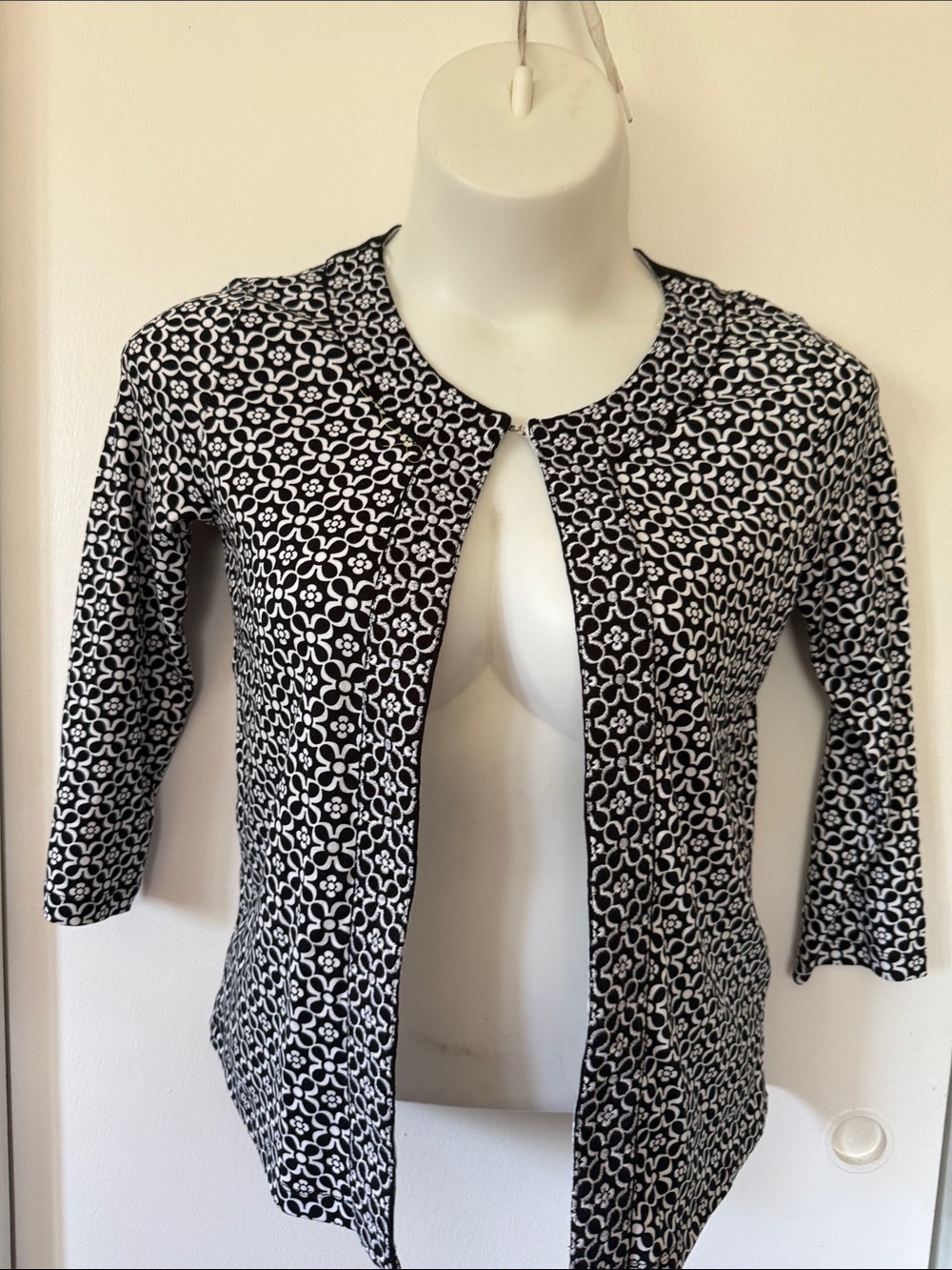 Rafaella Black and White Patterned Geometric Open-Front Jacket/Blazer Small EUC